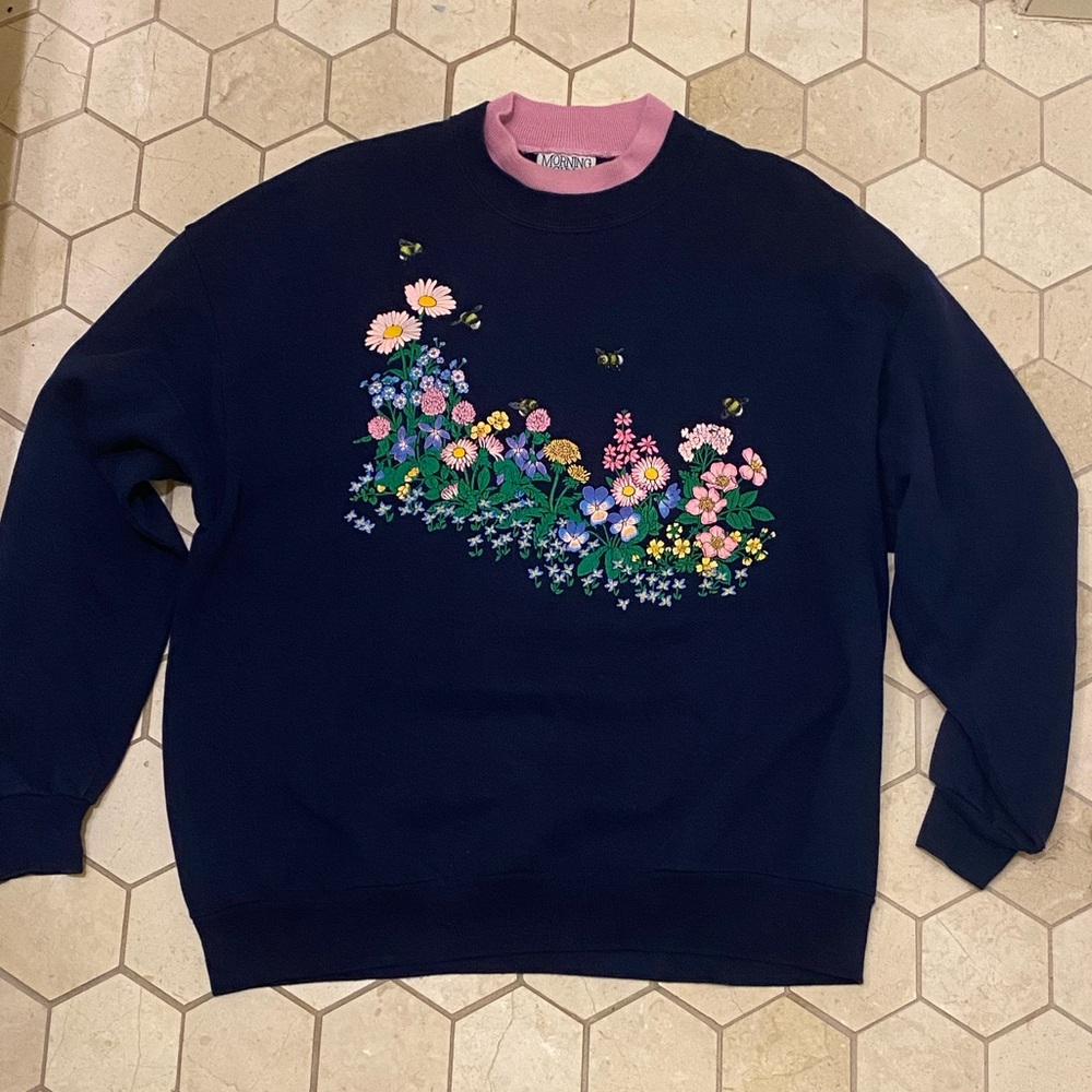 Navy Embroidered Vintage Flower Sweater